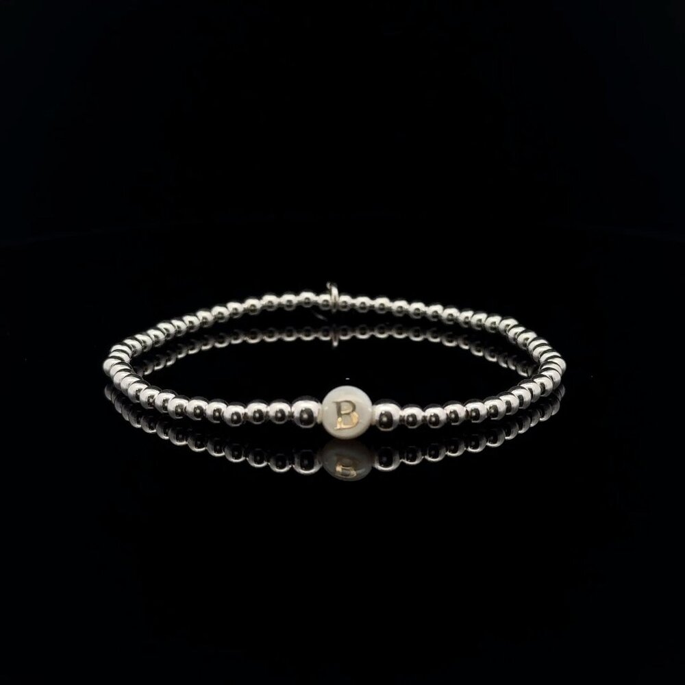 925 Sterling Silver Beaded Stretch Stacking Bracelet MOP Letter Initial B